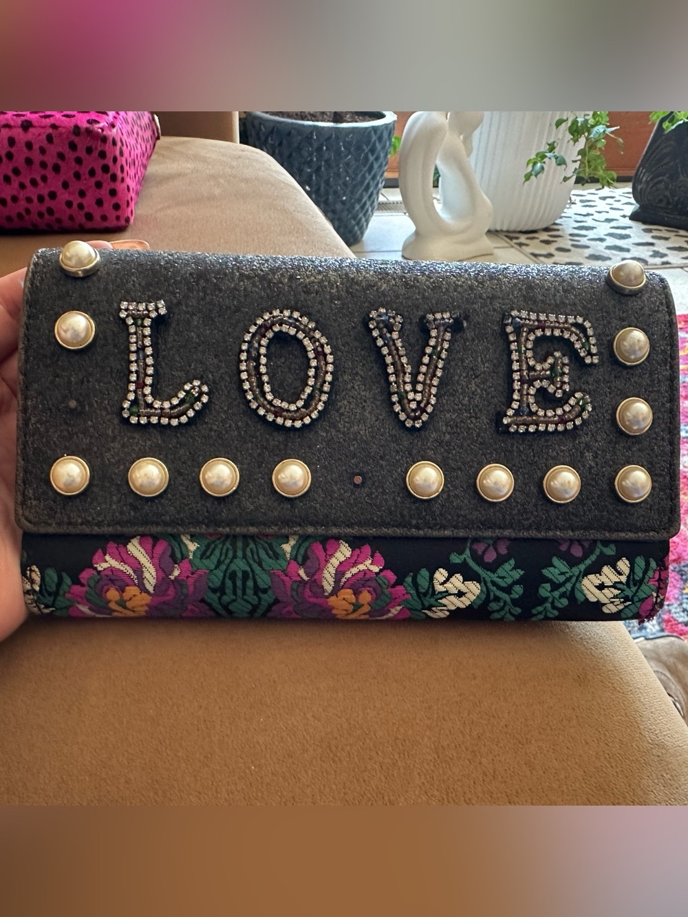 ALDO- Embellished 'LOVE' Floral Foldover Clutch with Chain.